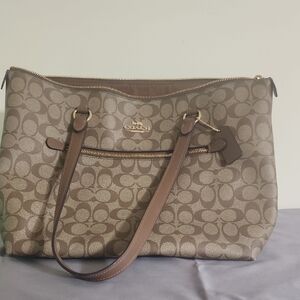 Coach Tan Signature Jacquard Tote with Brown Leather Straps